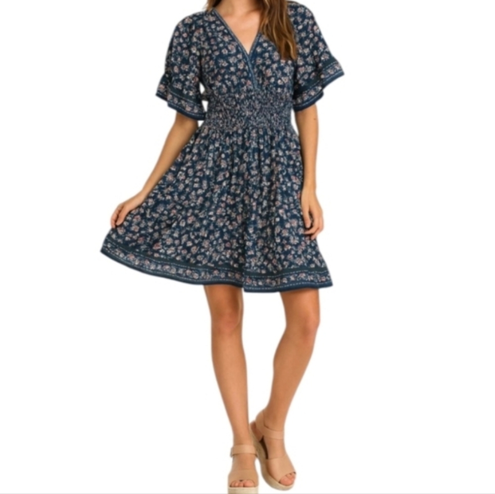 NEW Max Studio Floral Blue Flutter Sleeve Red Stripe Mini Dress Small